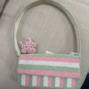 Viral beaded turtle bag Pink, Green & White striped Shoulder Bag